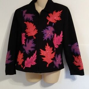 Vtg Daniel K Fall Leaves Black Embroidered Zippered Jacket